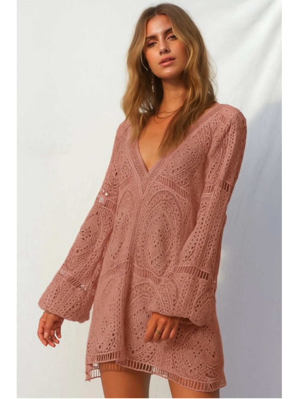 Jen’s Pirate Booty Jasmine Crochet Mini Dress in Clay Lace S Tie Back Deep V